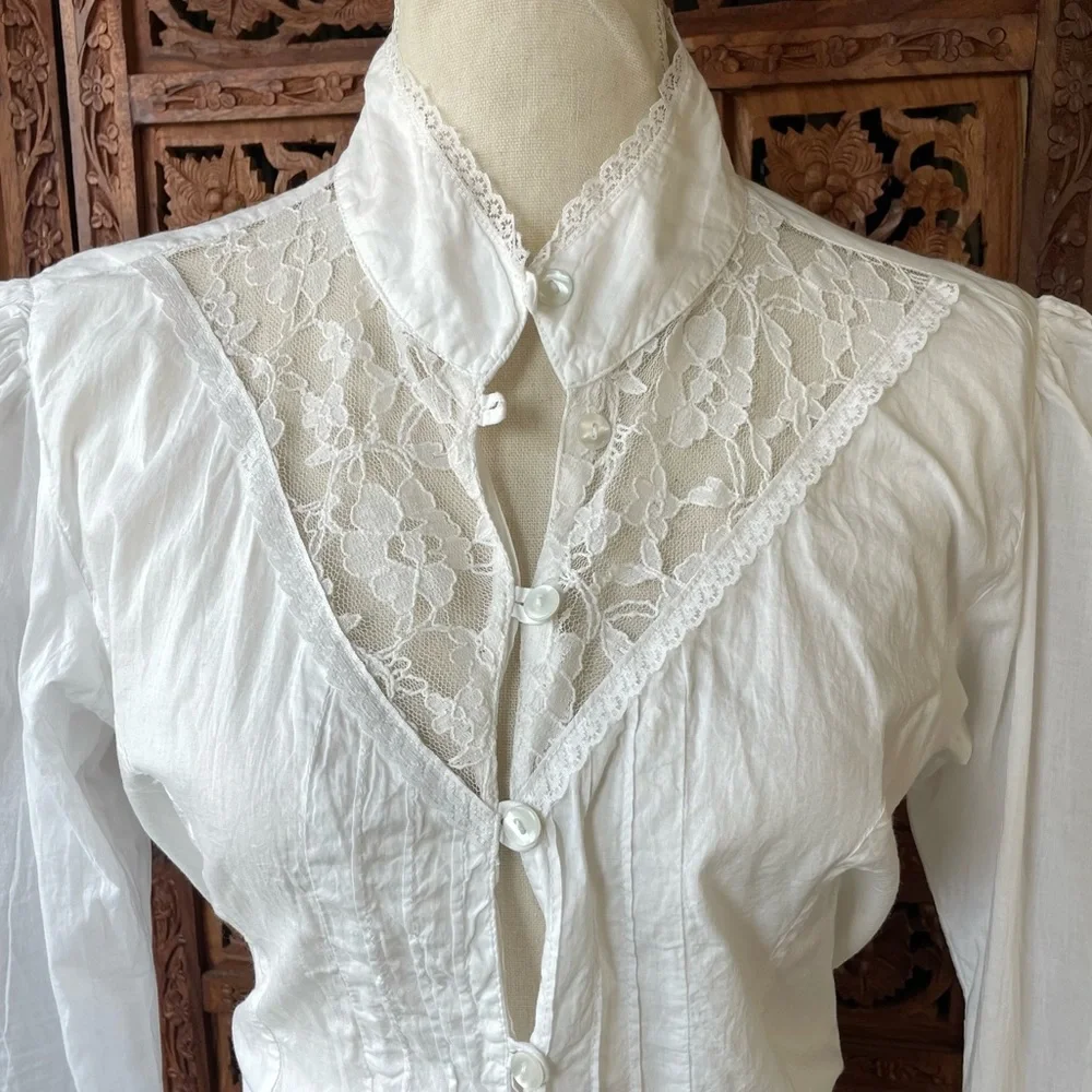 Victorian-Inspired Western White Cotton Lace High-Neck Button Down bell sleeve - Picture 7 of 13